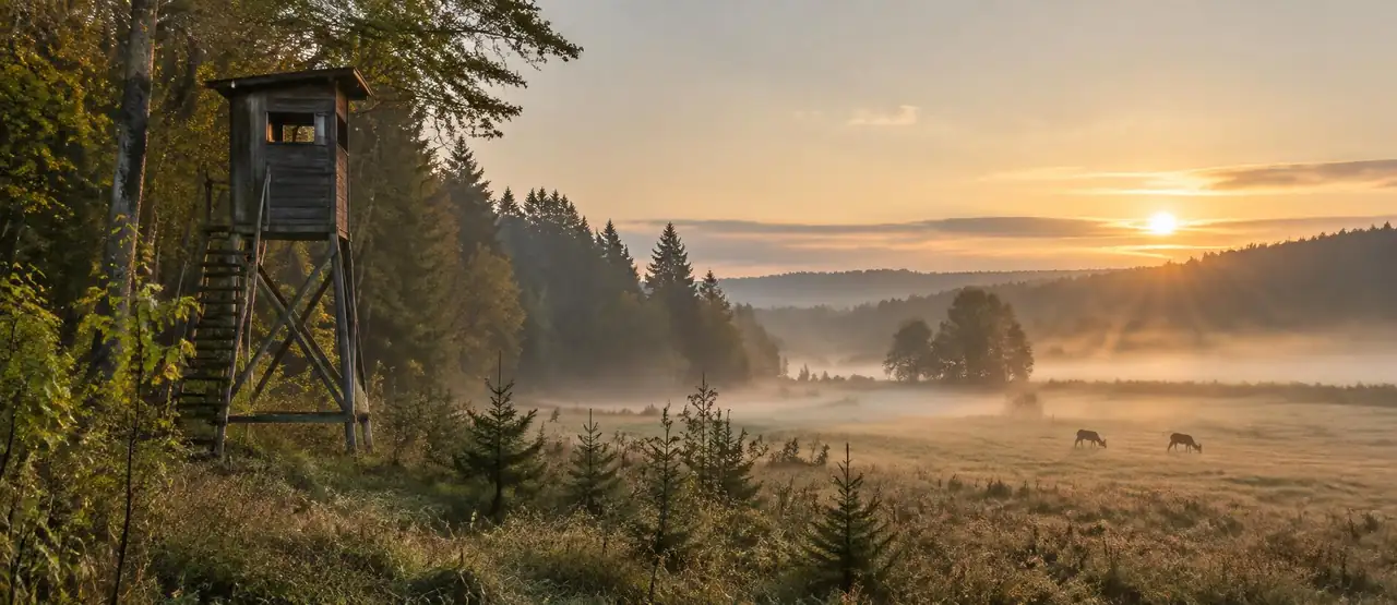Hochsitz am Waldrand in der Morgendämmerung, im Hintergrund äsen Rehe auf der nebligen Wiese