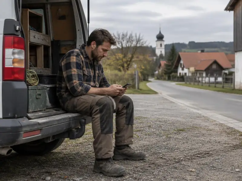 Handwerker sitzt in der Pause an der Ladekante seines Transporters und liest auf dem Handy